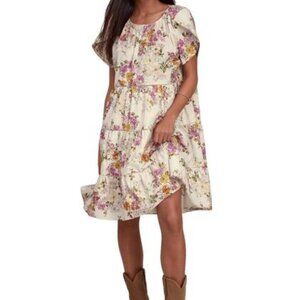Johnny Was Magnolia Tiered Floral Cream Cottagecore Short Sleeve Mini Dress XL